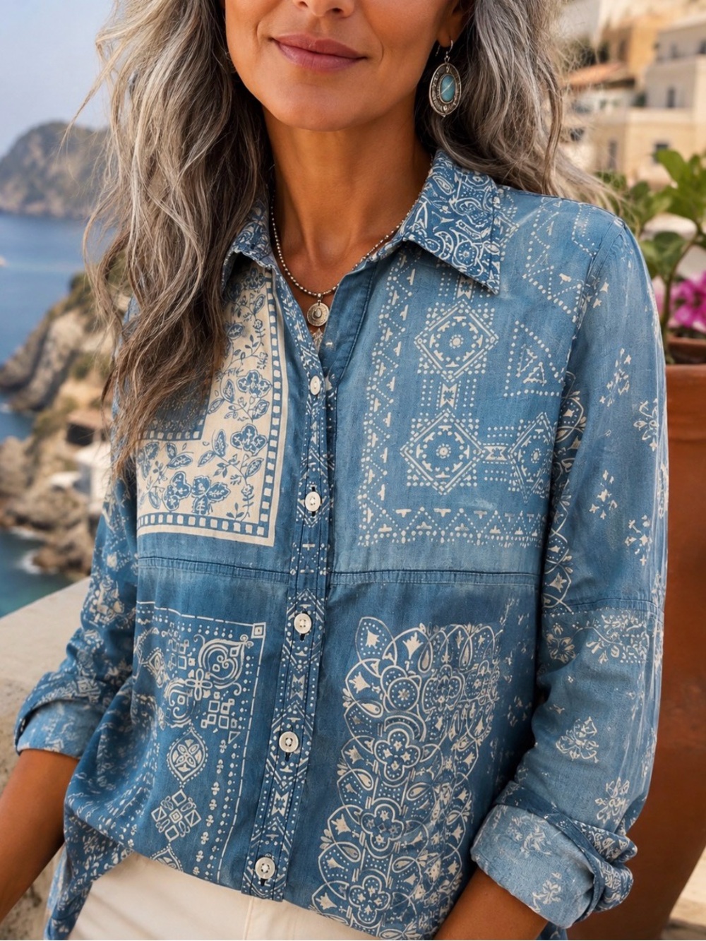 Vintage Polo Jean Company Ralph Lauren  Blue Bandana Print Button-Down Shirt